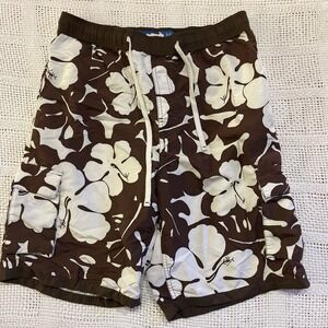 Hollister Mens Board Shorts Brown White Hibiscus Floral Cargo Swim Trunks Size M